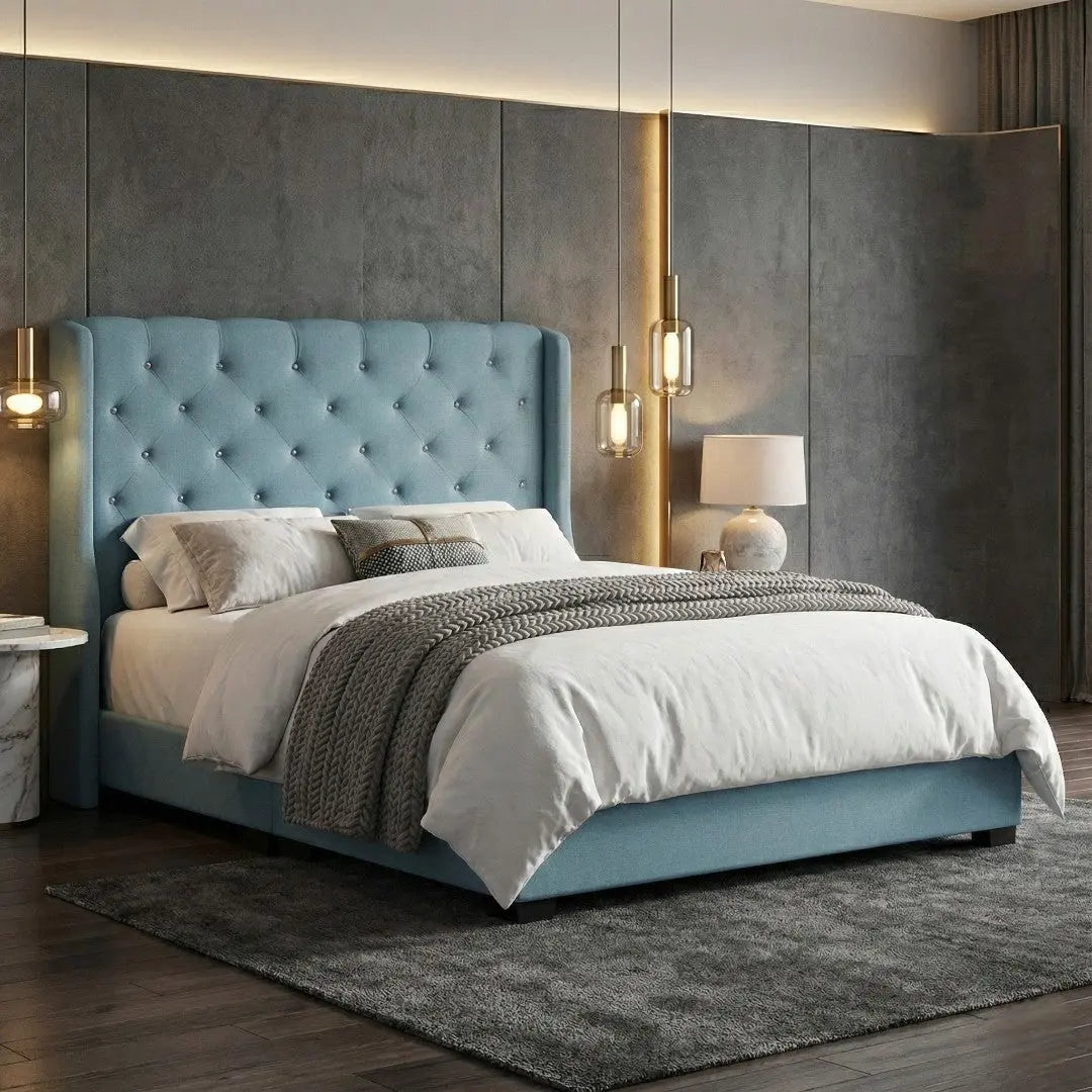 Calista Luxury Fabric Bed Frame - Elegant Wingback Headboard & Sturdy Divan Base Grandeur Furnishings