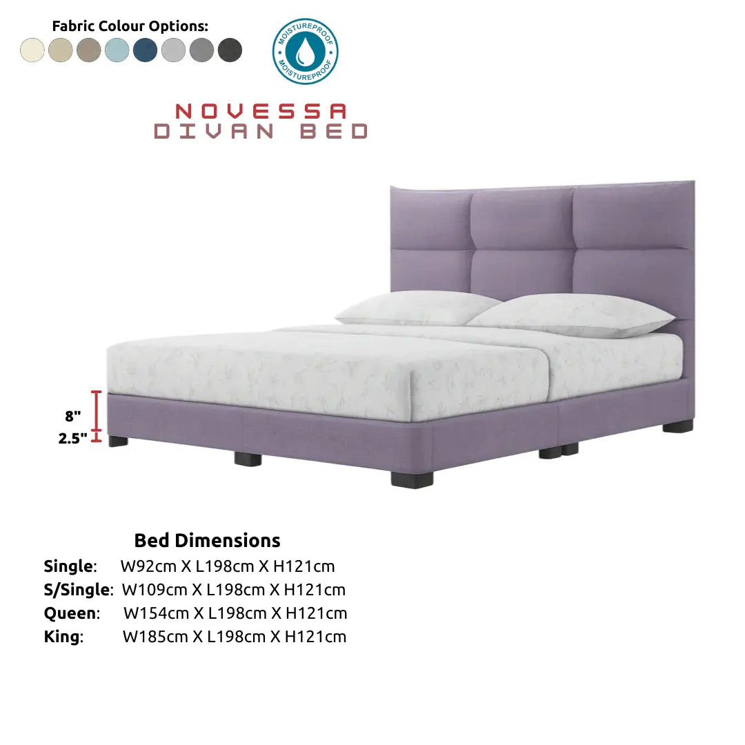 Novessa Modern Designer Bed Frame | Moisture-Proof Fabric Divan Base | Minimalist Headboard Grandeur Furnishings