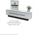 White Monarc TV console with rounded corners and dimensions