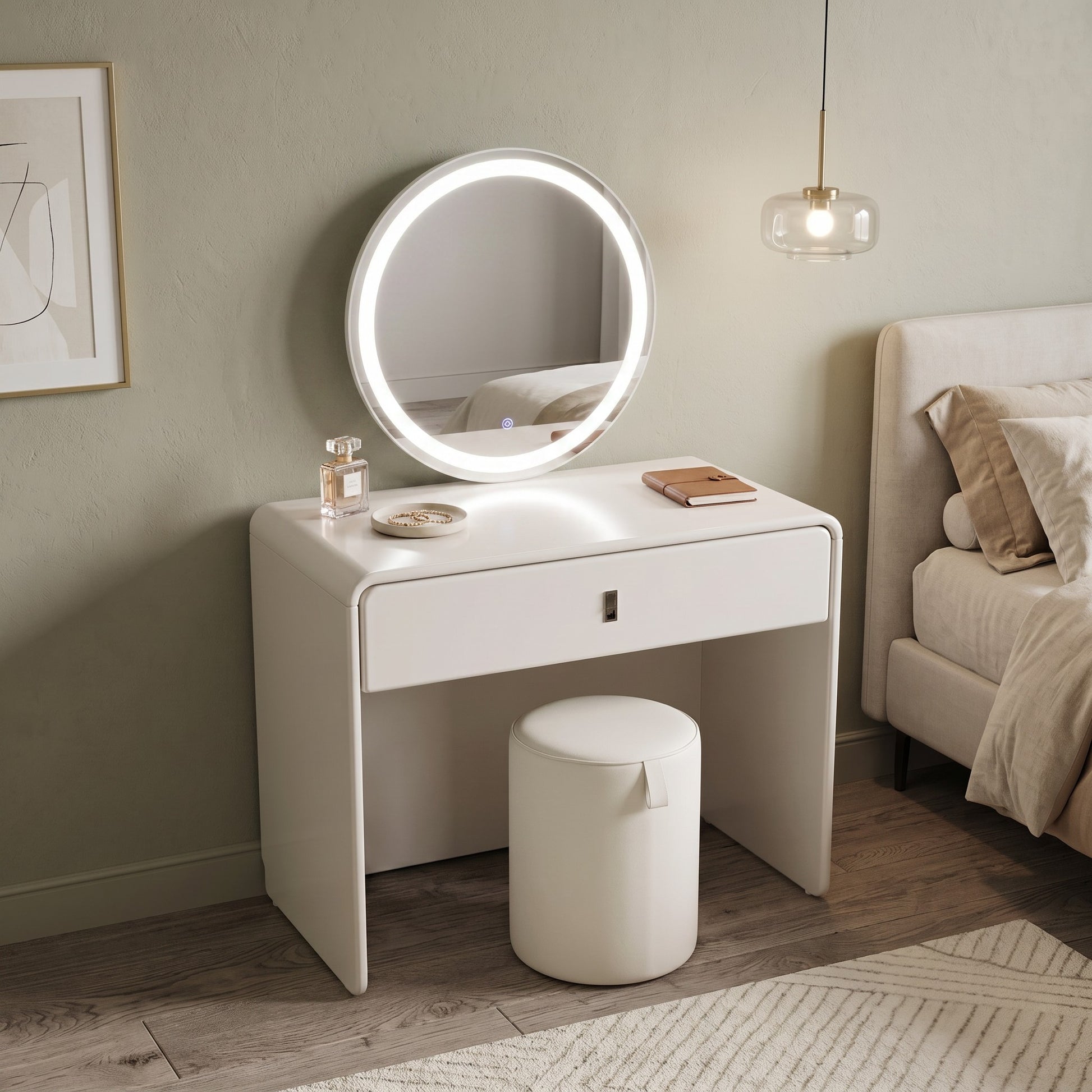 BELLE Modern White Dressing Table Set with LED Mirror & Stool Grandeur Furnishings