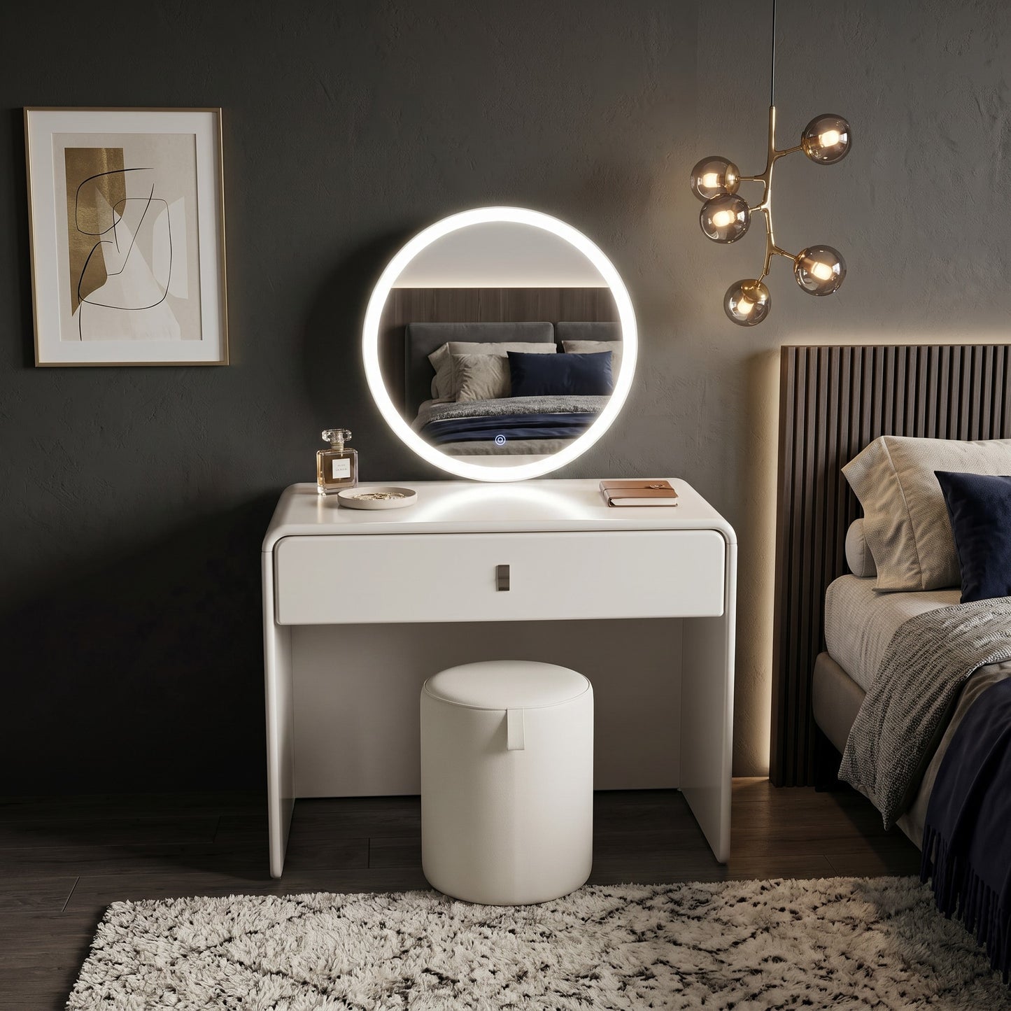 BELLE Modern White Dressing Table Set with LED Mirror & Stool Grandeur Furnishings