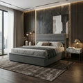 Charcoal Estoria bed with bedding in a softly lit bedroom