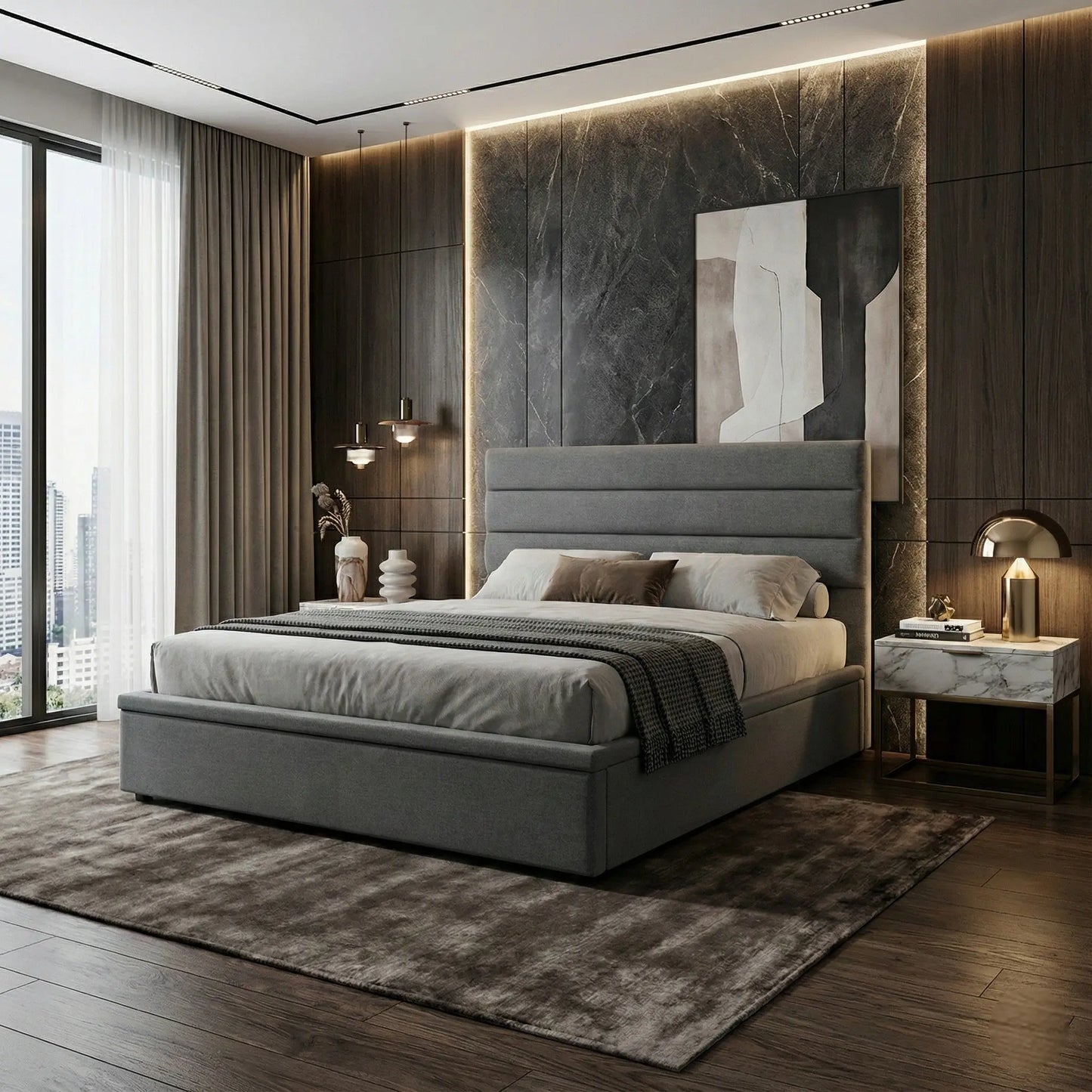 Estoria Storage Bed with 14" Base & 12" Deep Storage | Minimalist Horizontal Headboard | Easy-Clean Fabric Grandeur Furnishings