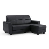 Black sofa and ottoman, angled front view