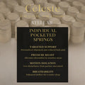 Rows of individually wrapped mattress springs behind a Céleste Stellar pocket spring information panel