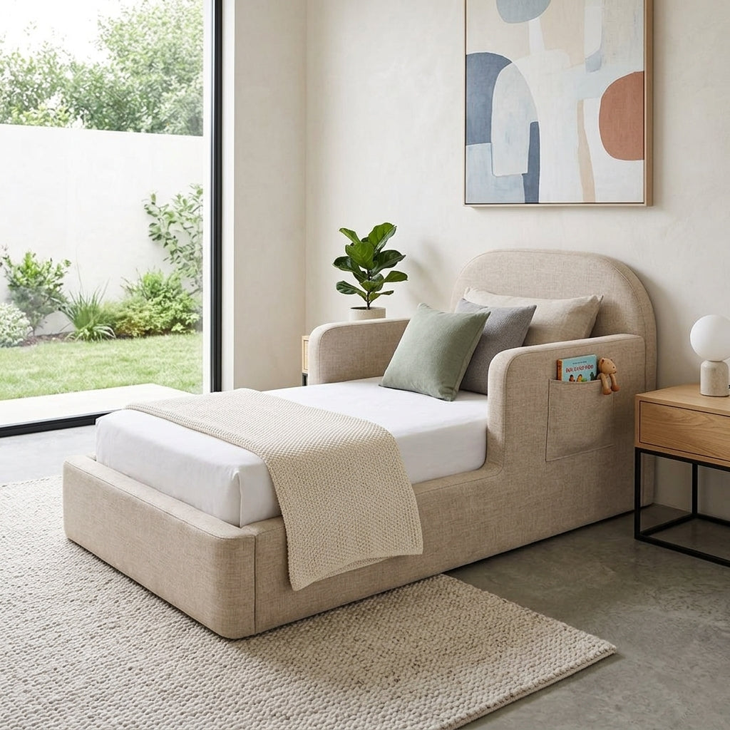 Elaris Fabric Bed Frame with Side Guard Panels Grandeur Furnishings