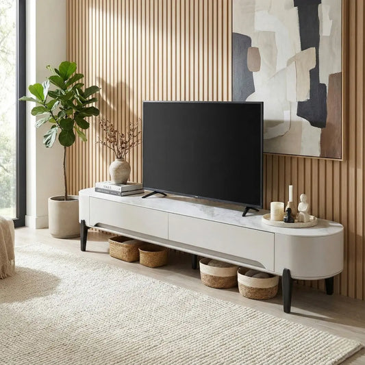 Vantor Luxury Stone Top TV Console | Modern White Marble TV Cabinet | Nordic Minimalist Living Room Stand Grandeur Furnishings
