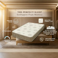 ZenSupport foam mattress with floral quilted top and woven grey sides, surrounded by feature icons