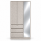 Front view of Linden taupe three-door wardrobe with mirror and three drawers