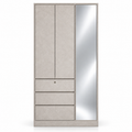 Front view of Linden taupe three-door wardrobe with mirror and three drawers