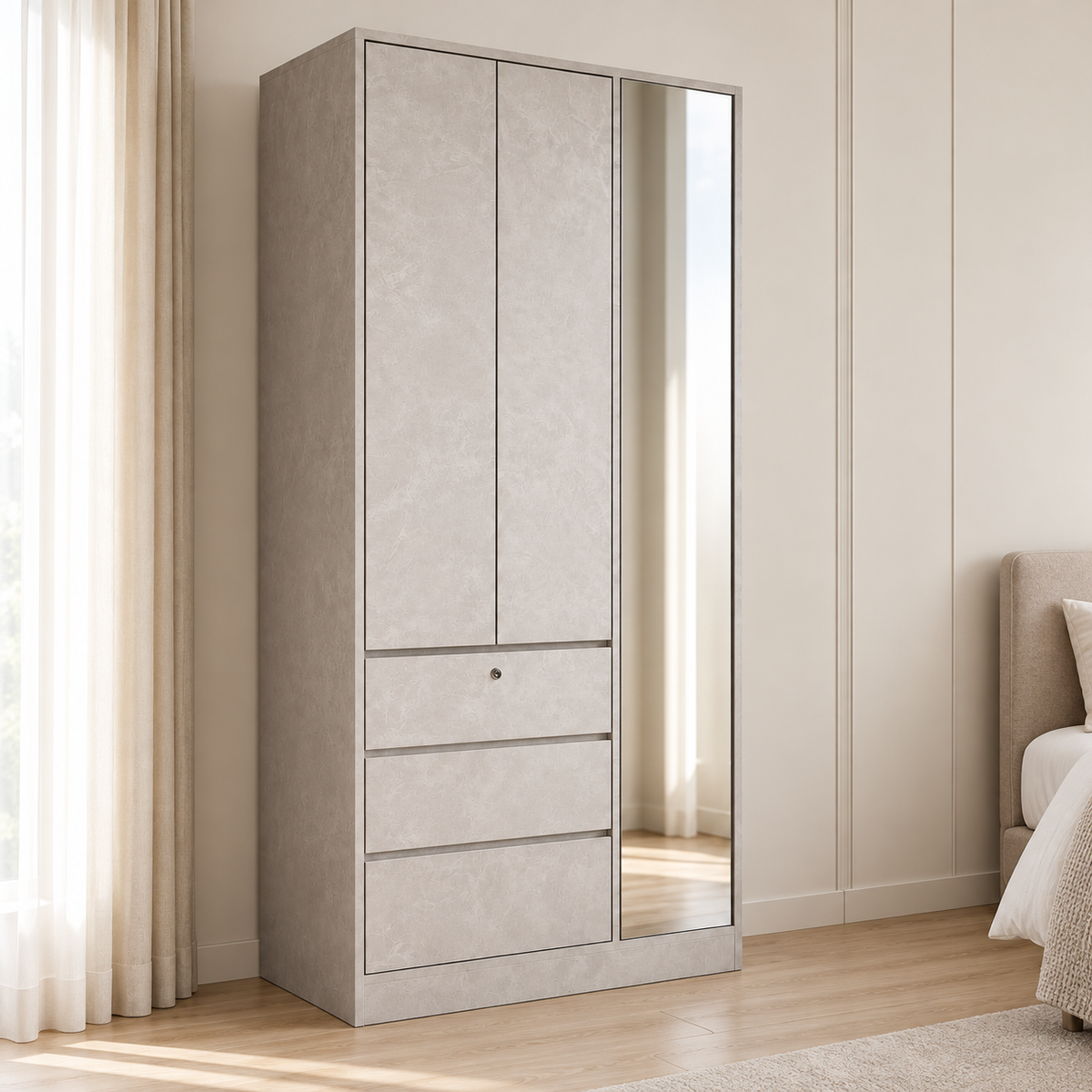Linden mirrored wardrobe beside a bed in a bright bedroom
