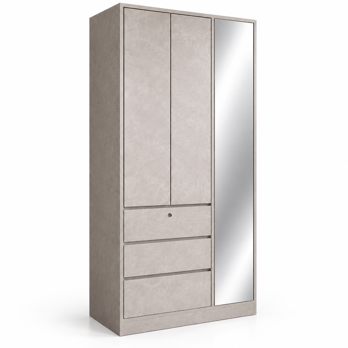 Linden taupe wardrobe with mirrored door and three drawers, angled view