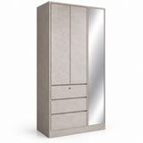 Linden taupe wardrobe with mirrored door and three drawers, angled view