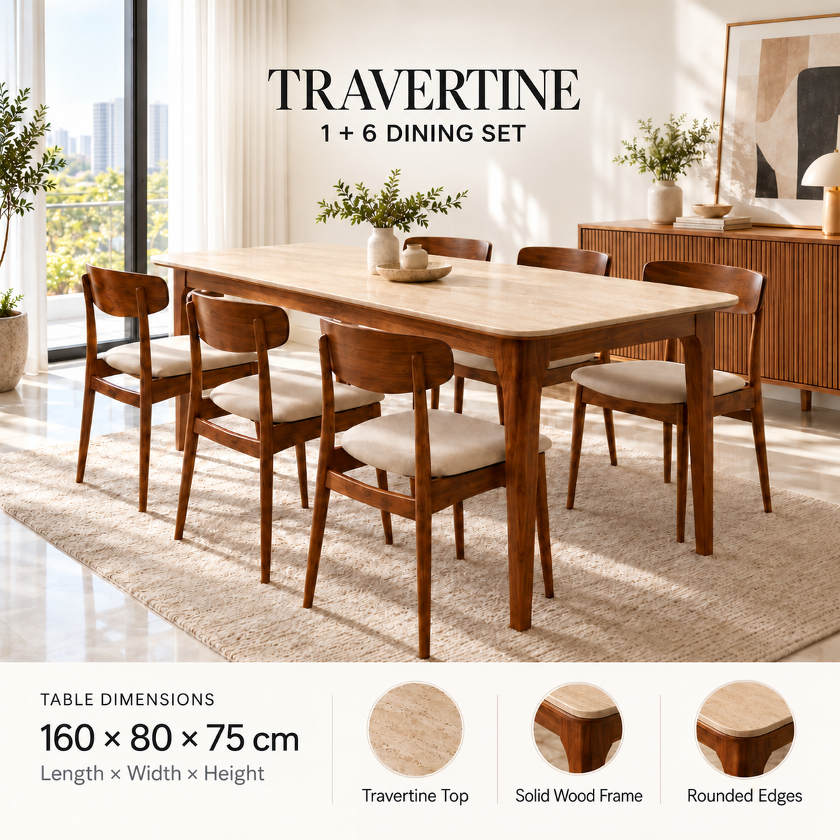 Valenza Travertine Top & Solid Wood Dining Set Grandeur Furnishings