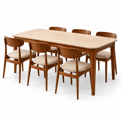 Valenza Travertine Top & Solid Wood Dining Set Grandeur Furnishings