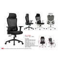 Black and white-frame high-back mesh chairs with headrests, front and rear views, features and dimensions