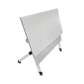 White study table folded upright, angled view