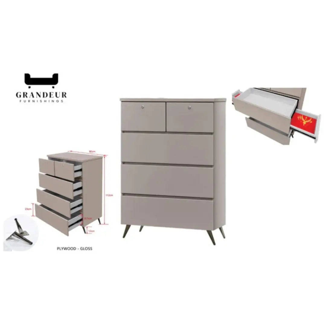 5-Drawer Storage Chest of Drawers in White, Champagne, or Dark Grey Grandeur Furnishings