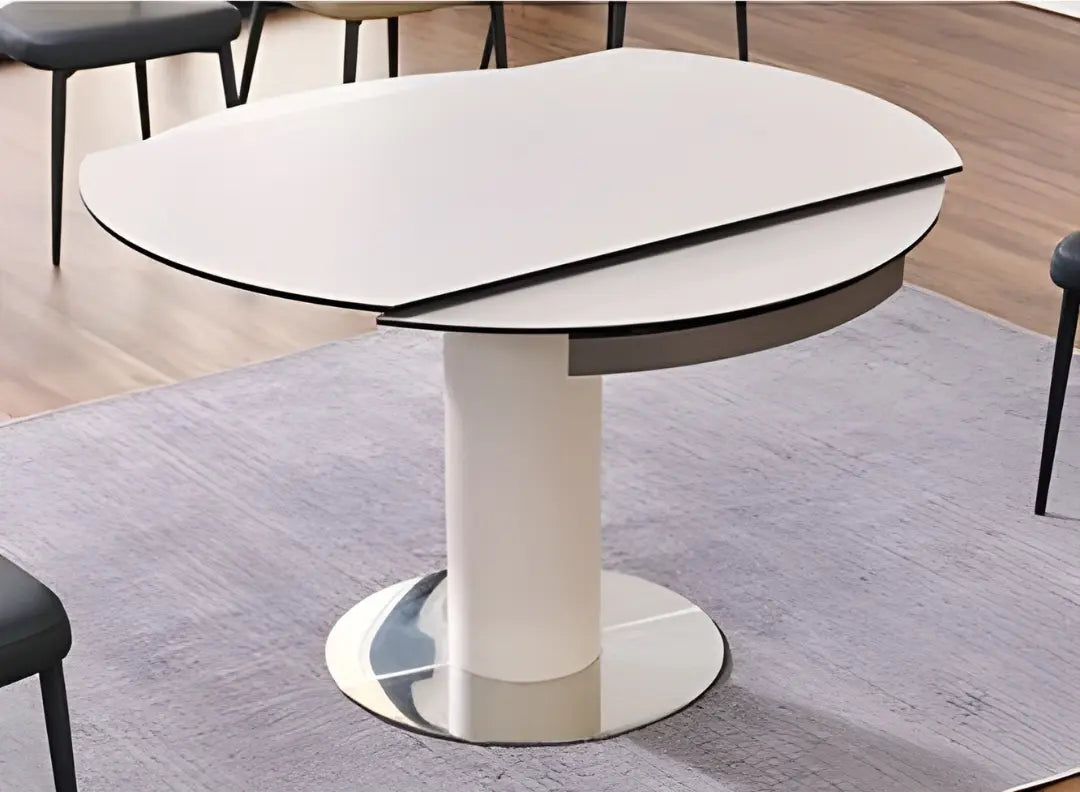 Modern Round Extendable Sintered Stone Top Dining Table Set with Sleek Chairs 1+6 Grandeur Furnishings