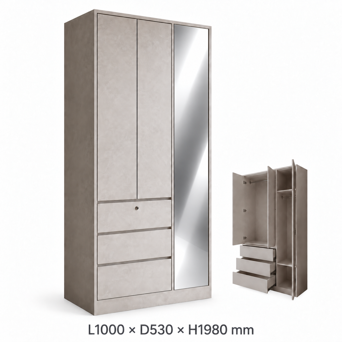 Linden wardrobe dimension chart with closed and open views