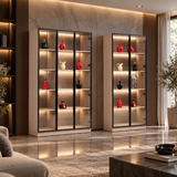 Wood-look glass display cabinets with illuminated shelves in a room
