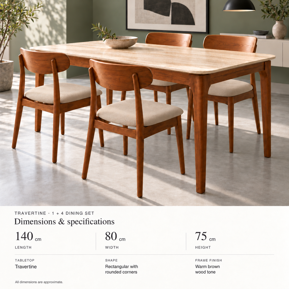 Valenza Travertine Top & Solid Wood Dining Set Grandeur Furnishings