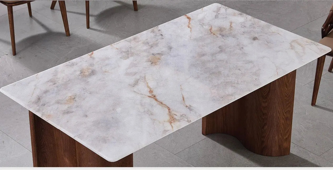 Elegant Marble Dining Table Set with Unique Ash Wood Legs & PU Chairs 1+4 Grandeur Furnishings
