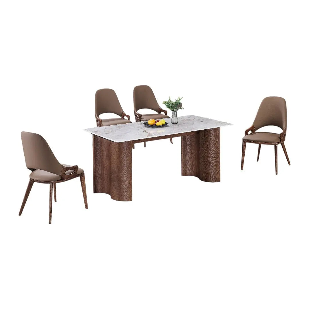 Elegant Marble Dining Table Set with Unique Ash Wood Legs & PU Chairs 1+4 Grandeur Furnishings
