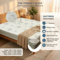 ZenSupport foam mattress on a wooden bed, with floral cover close-ups, feature panel and size chart