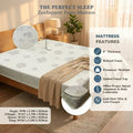 ZenSupport foam mattress on a wooden bed, with floral cover close-ups, feature panel and size chart