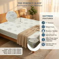 ZenSupport foam mattress on a wooden bed, with floral cover close-ups, feature panel and size chart
