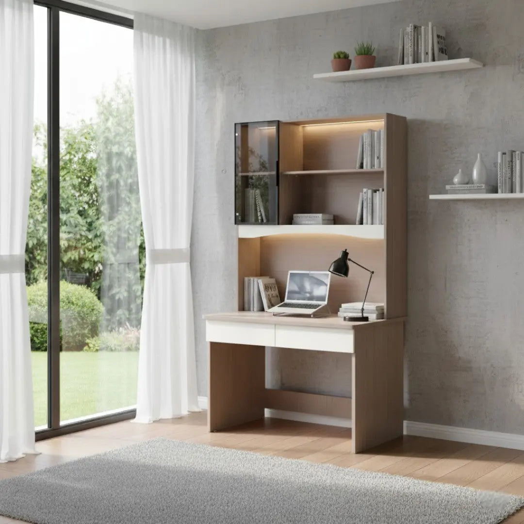 Modern Study Desk | Computer Workstation with Glass Cabinet, Bookshelves & 2 Drawers Grandeur Furnishings