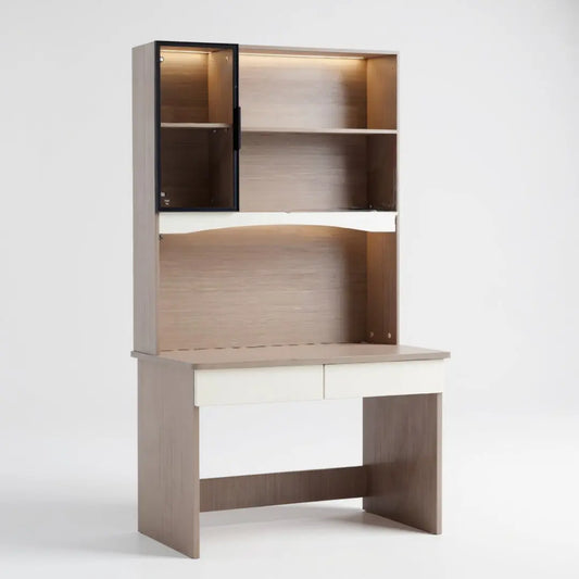 Modern Study Desk | Computer Workstation with Glass Cabinet, Bookshelves & 2 Drawers Grandeur Furnishings