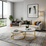 White round nesting coffee tables with gold-coloured bases