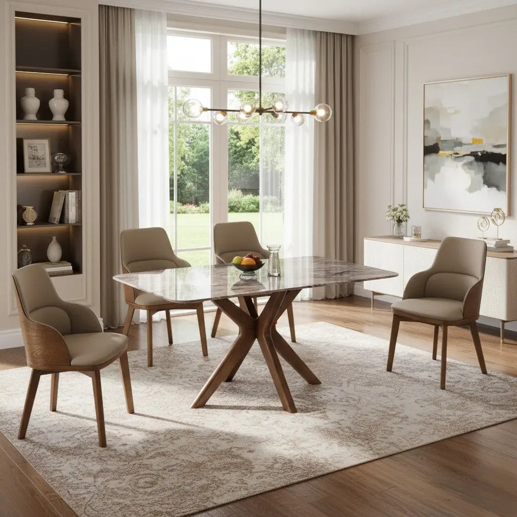 Elegant Marble Dining Table Set with Ash Wood Base & Armchairs 1+4 Grandeur Furnishings