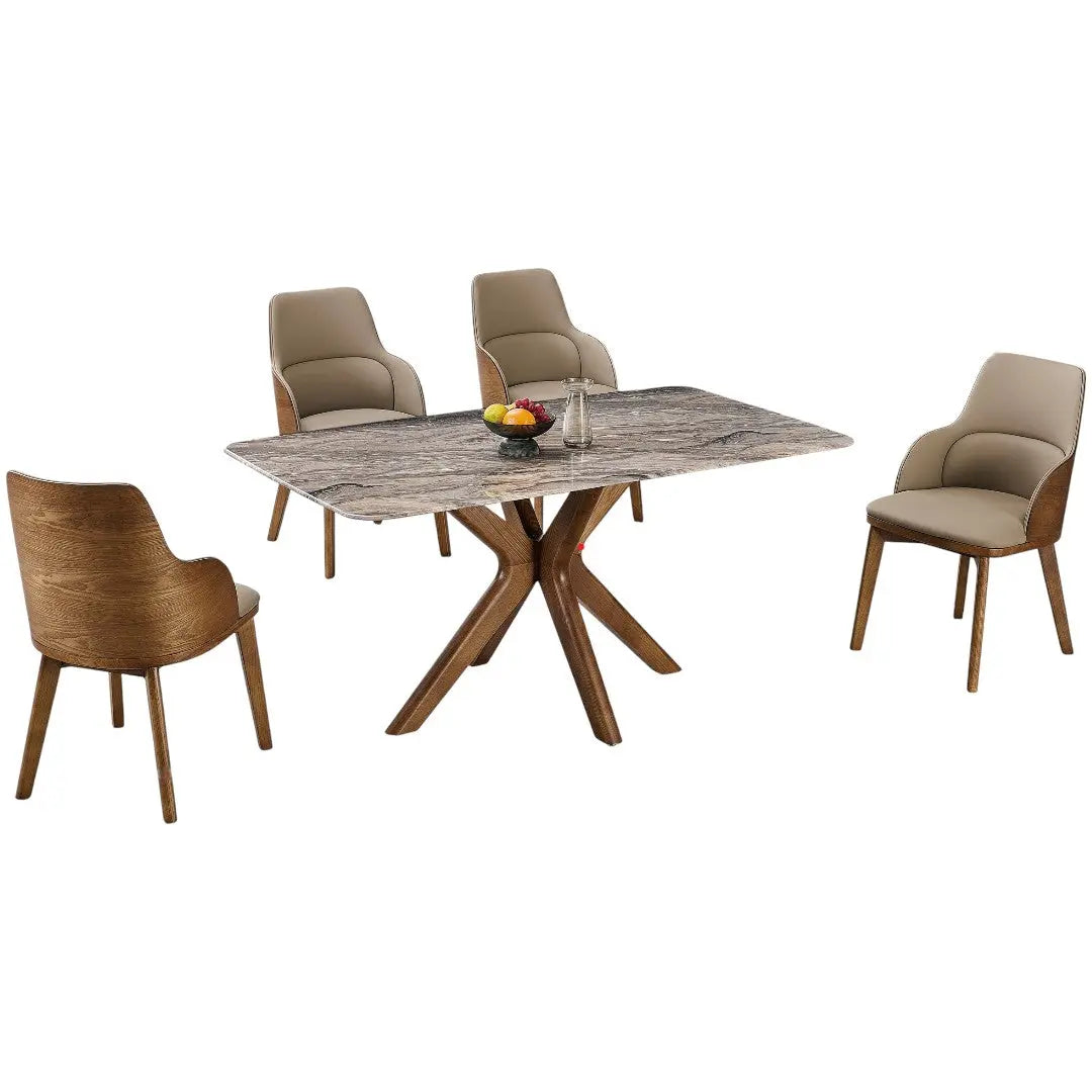 Elegant Marble Dining Table Set with Ash Wood Base & Armchairs 1+4 Grandeur Furnishings