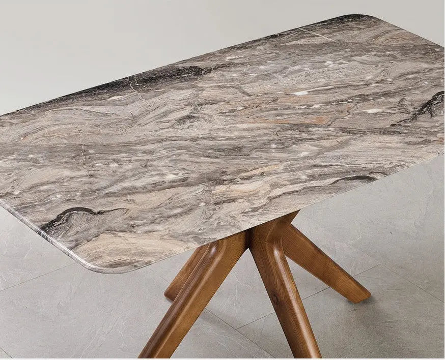 Elegant Marble Dining Table Set with Ash Wood Base & Armchairs 1+4 Grandeur Furnishings