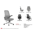 Grey and black mesh office chairs with curved armrests, multiple views and dimension diagram