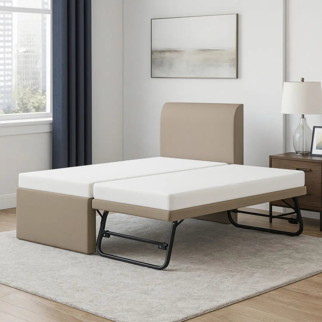 Seren Convertible Guest Bed Frame - 3-in-1 Pull Out & Lift Up Trundle Bed - Space Saving High Headboard Bed Grandeur Furnishings