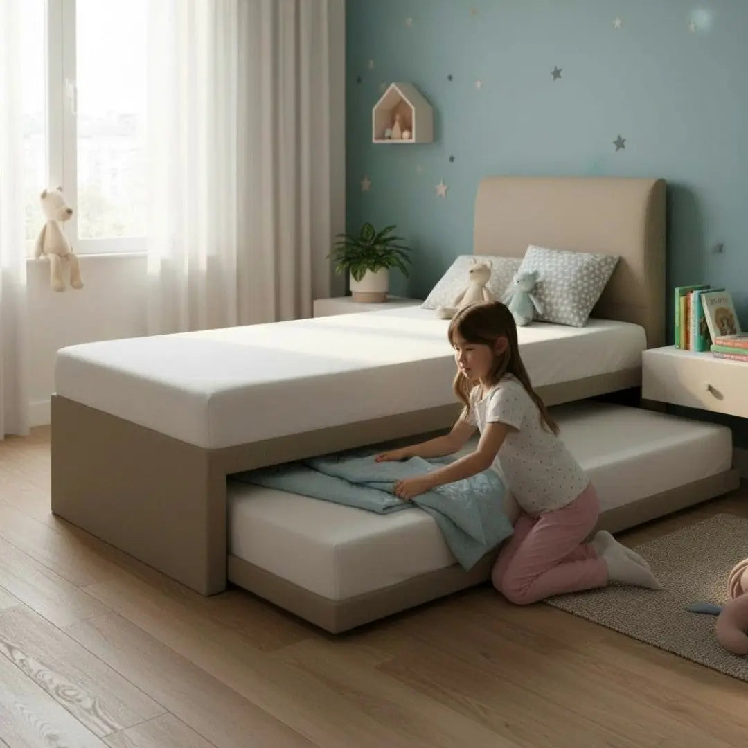 Seren Convertible Guest Bed Frame - 3-in-1 Pull Out & Lift Up Trundle Bed - Space Saving High Headboard Bed Grandeur Furnishings