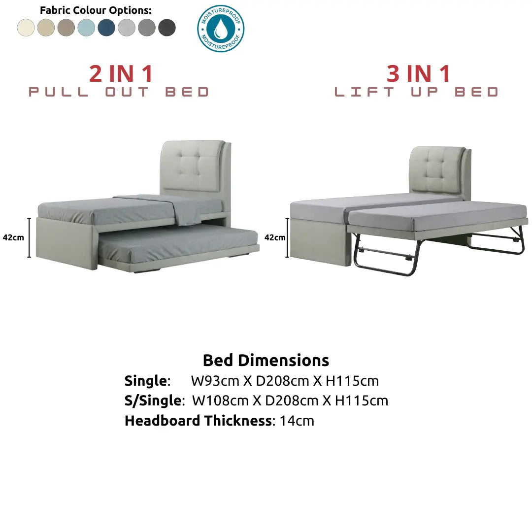 Soluxe 3-in-1 Lift Up / 2-in-1 Pull Out Bed Frame | Square Tufted Headboard | Moisture-Proof Fabric | Space Saving Guest Bed Grandeur Furnishings