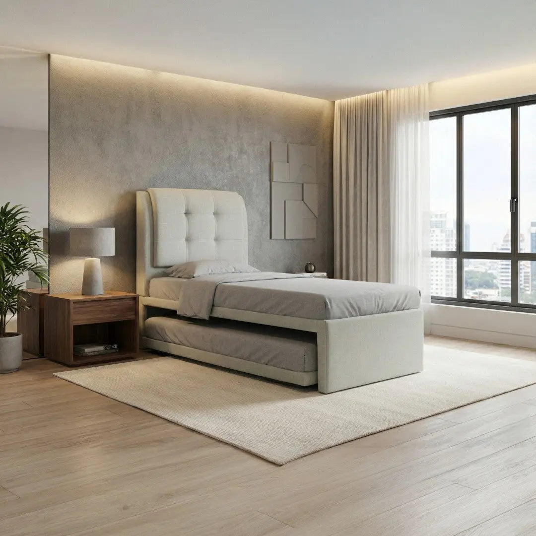 Soluxe 3-in-1 Lift Up / 2-in-1 Pull Out Bed Frame | Square Tufted Headboard | Moisture-Proof Fabric | Space Saving Guest Bed Grandeur Furnishings