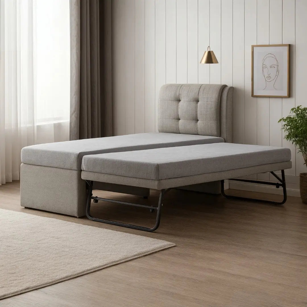 Soluxe 3-in-1 Lift Up / 2-in-1 Pull Out Bed Frame | Square Tufted Headboard | Moisture-Proof Fabric | Space Saving Guest Bed Grandeur Furnishings