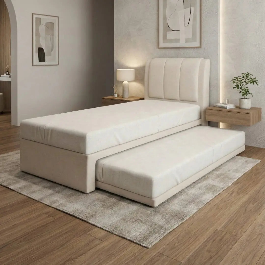 Averra Vertical Channel Tufted 2-in-1 Pull Out Bed - Moisture Repellent Fabric & Smooth Roll Out Trundle Grandeur Furnishings