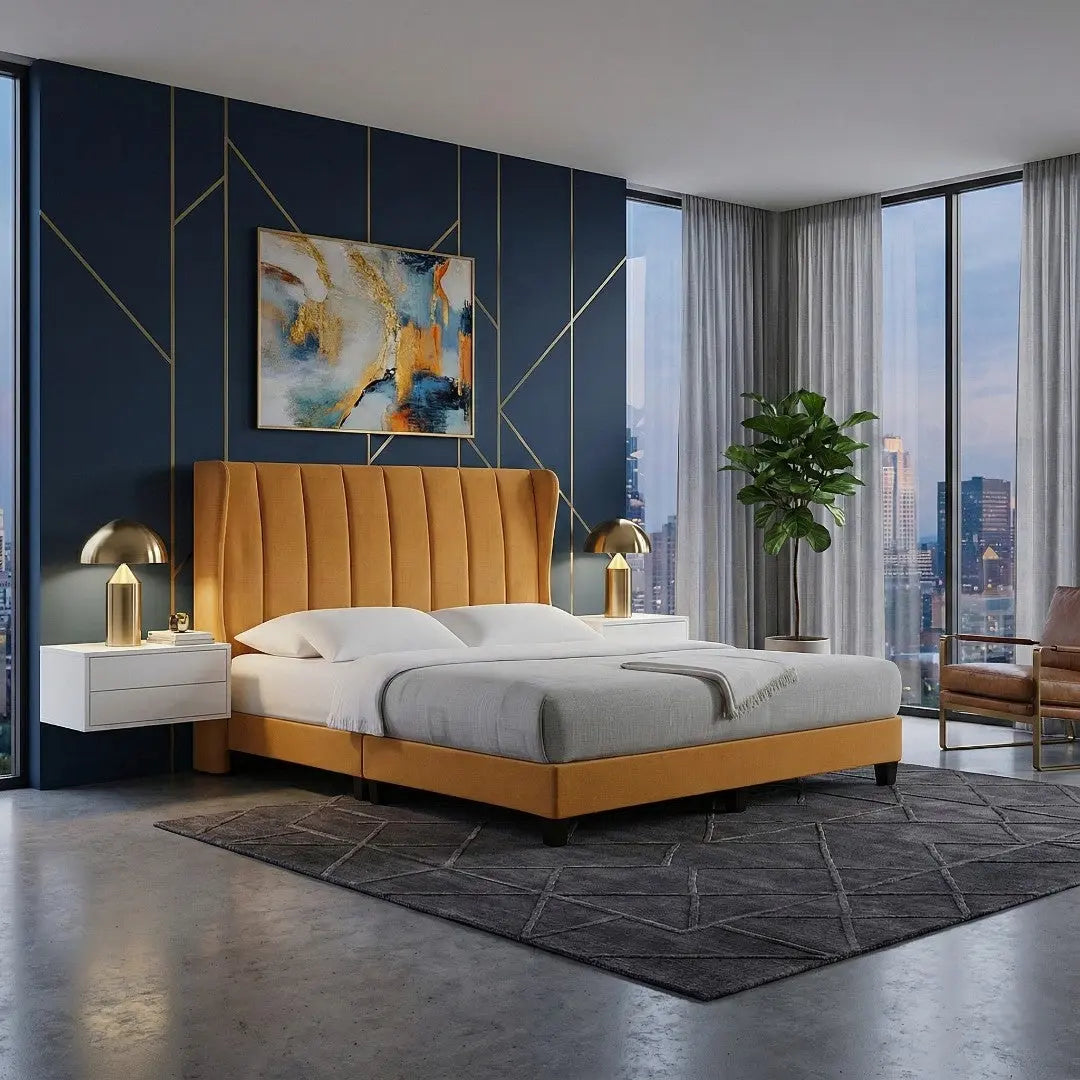 Vellum Premium Divan Bed Frame | Wingback Headboard with Vertical Tufting | Moisture-Proof Fabric Grandeur Furnishings