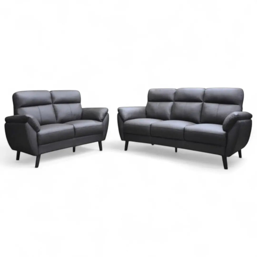 Dark grey two-seater and three-seater sofas with padded backrests