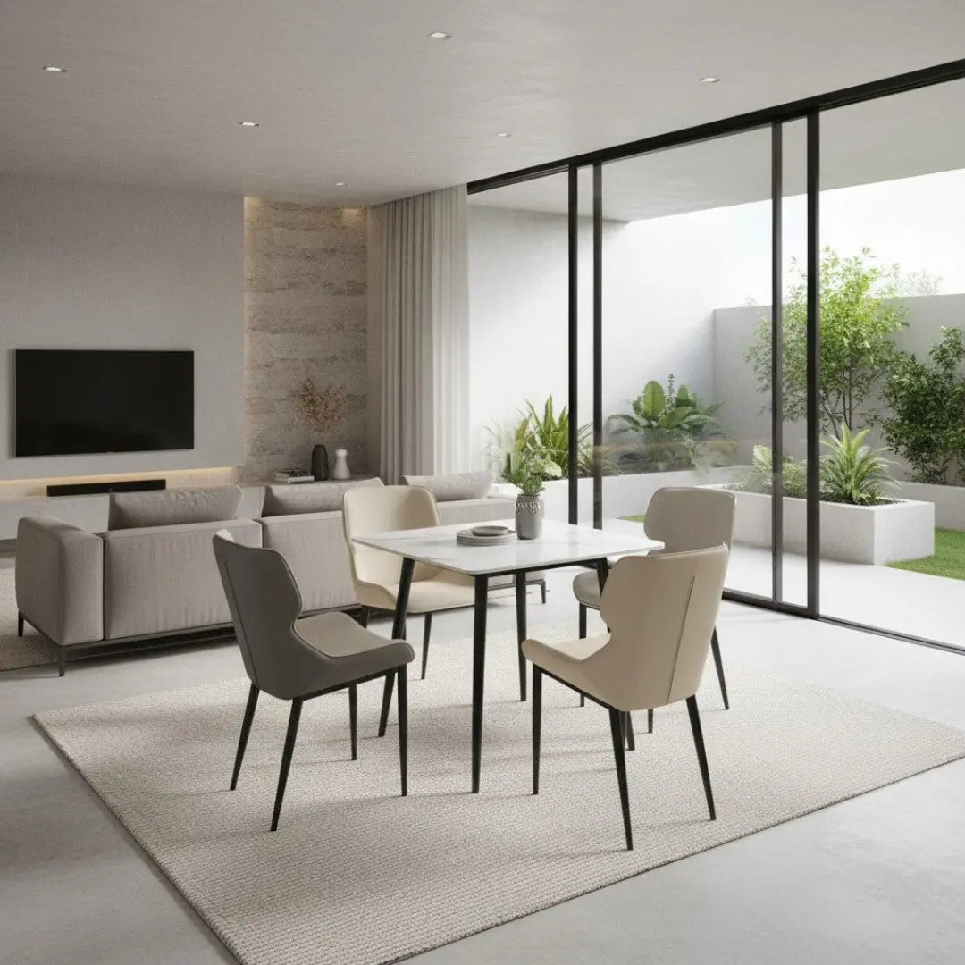Elegant Marble Square Dining Table Set with Grey Chairs 1+4 Grandeur Furnishings